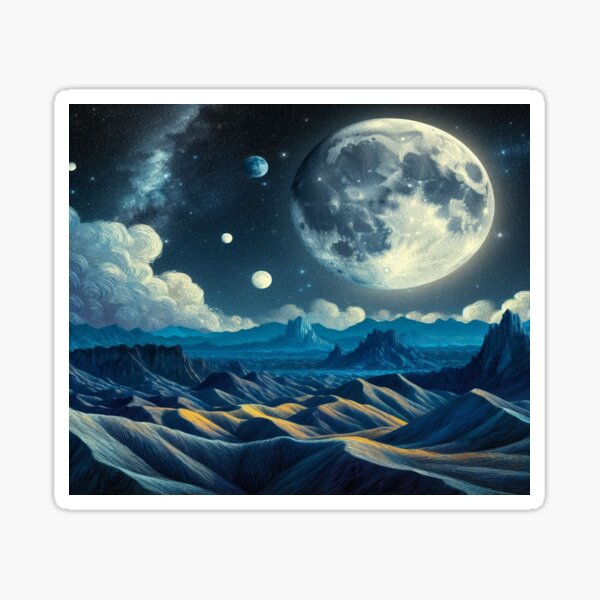 Fascinating lunar landscape in the style of Van Gogh: Big moon, small moons and white clouds over mysterious hills Sticker