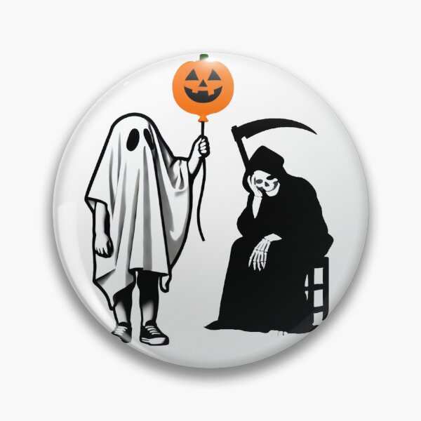 Item preview, Boy in Ghost Costume with Pumpkin Balloon and Grim Reaper designed and sold by Blink Art Studio.