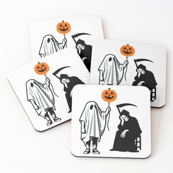 Item preview, Boy in Ghost Costume with Pumpkin Balloon and Grim Reaper designed and sold by Blink Art Studio.