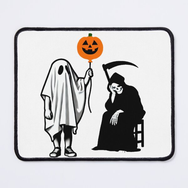 Item preview, Boy in Ghost Costume with Pumpkin Balloon and Grim Reaper designed and sold by Blink Art Studio.