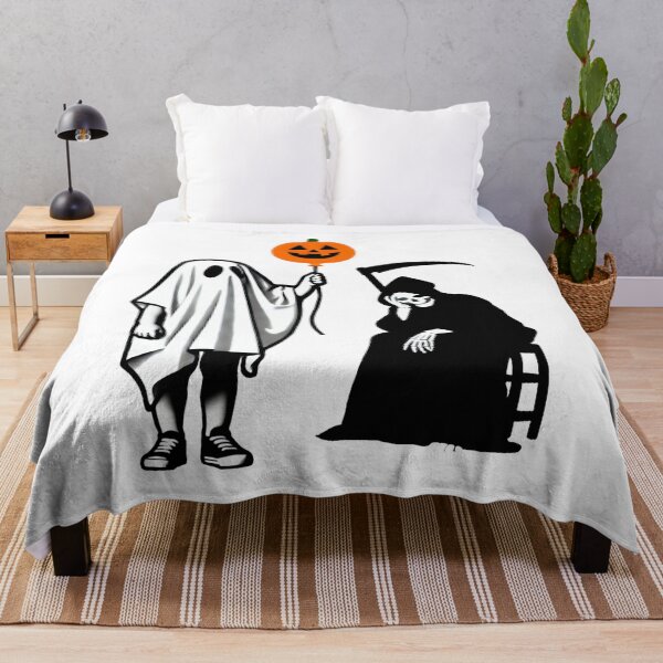 Item preview, Boy in Ghost Costume with Pumpkin Balloon and Grim Reaper designed and sold by Blink Art Studio.