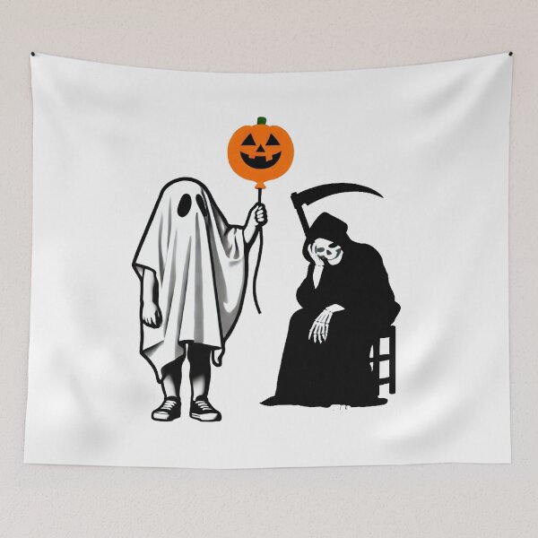 Item preview, Boy in Ghost Costume with Pumpkin Balloon and Grim Reaper designed and sold by Blink Art Studio.