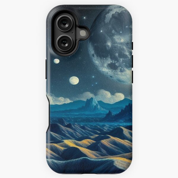 Faszinierende Mondlandschaft im Stil von Van Gogh: Großer Mond, kleine Monde und weiße Wolken über geheimnisvollen Hügeln iPhone Robuste Hülle