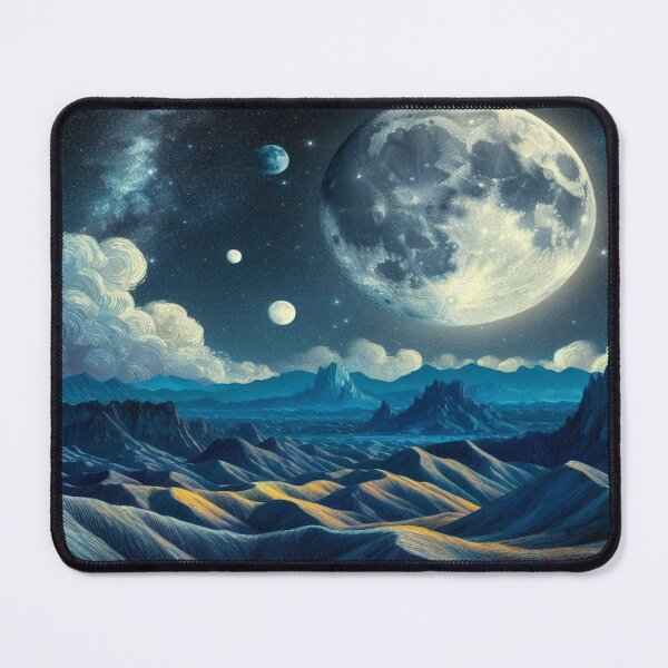 Item preview, Fascinating lunar landscape in the style of Van Gogh: Big moon, small moons and white clouds over mysterious hills designed and sold by FotoworldEdel.