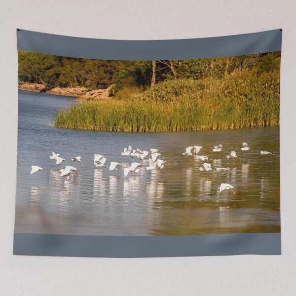 Item preview, Snowy Egrets Low Flight Over the Lake designed and sold by Debra Martz.