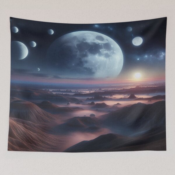 Item preview, Fascinating lunar landscape: Big moon, small moons and white clouds over mysterious hills designed and sold by FotoworldEdel.
