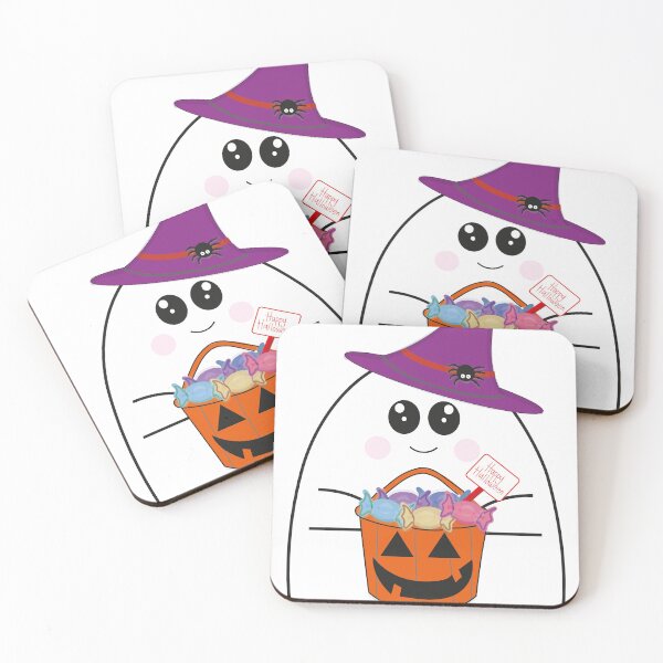 Item preview, cute cartoon ghost holding a pumpkin-shaped bucket filled with colorful candies designed and sold by Rajneet.