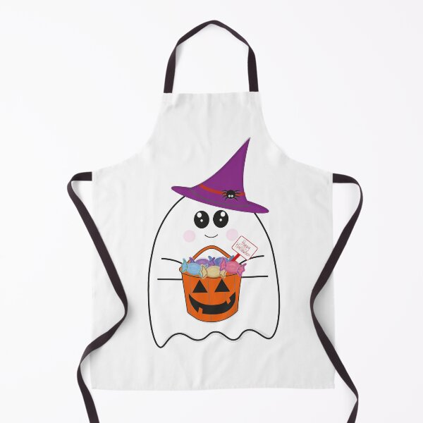 Item preview, cute cartoon ghost holding a pumpkin-shaped bucket filled with colorful candies designed and sold by Rajneet.
