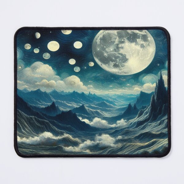 Item preview, Fascinating lunar landscape in the style of Monet: Big moon, small moons and white clouds over mysterious hills designed and sold by FotoworldEdel.