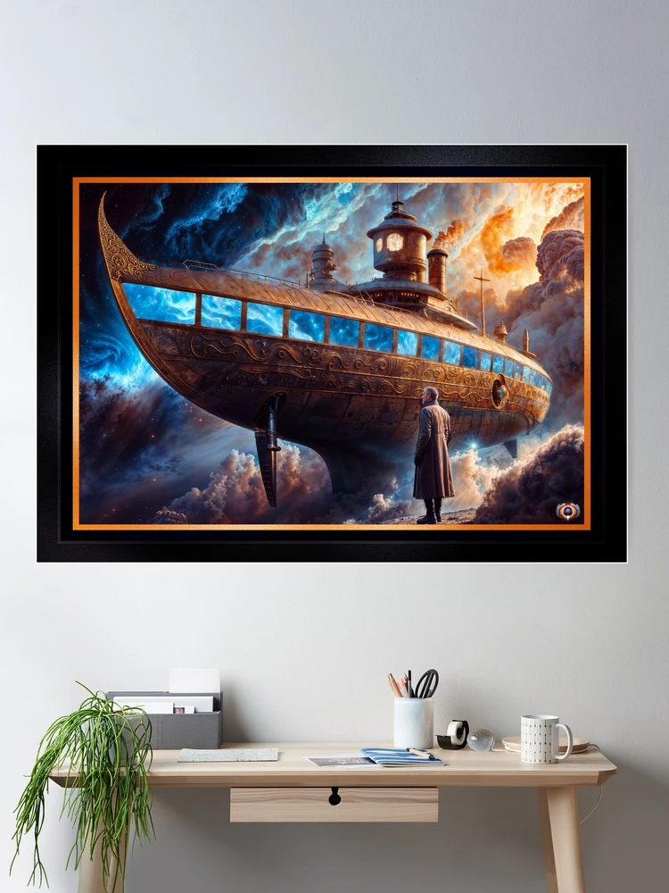 Majestic Steampunk Vessel Hovering Amidst Cosmic Clouds AI Concept Art by Xzendor7 | A Mesmerizing Vision 2 Majestic Steampunk Vessel Hovering Amidst Cosmic Clouds Astonishing AI Concept Art by Xzendor7 Wall Decor Poster Art Print