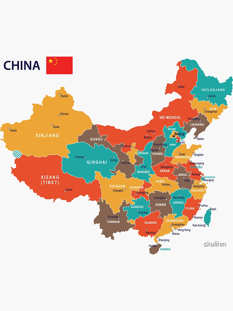 Aperçu 3 sur 3. Sticker avec l'œuvre carte du drapeau de la Chine créée et vendue par skalihm.