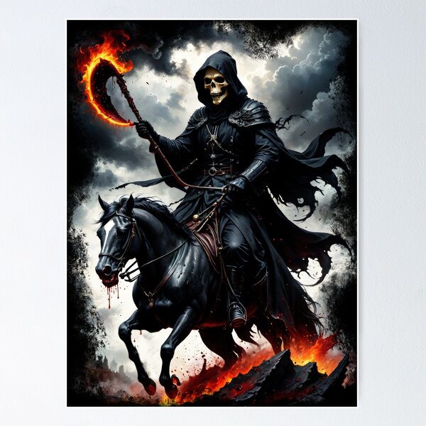 Item preview, Grim Reaper on Horse Holding Hourglass with Blood Splatter designed and sold by Tong4130.