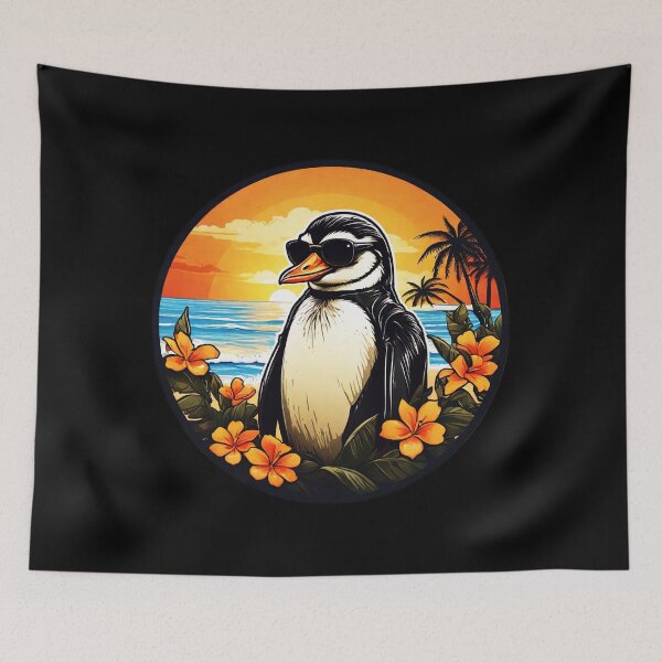 Item preview, Penguin with Sunglasses at Sunset on a Hawaii Beach with Hawaii Flowers designed and sold by NautiChic.