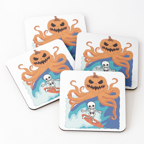 Item preview, A skeleton surfing, being chased by a giant Pumpkin octopus! designed and sold by MadSnail-Design.