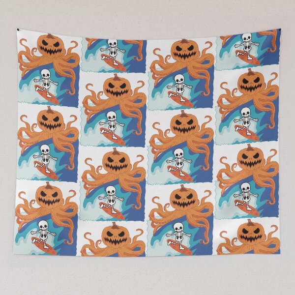 Item preview, A skeleton surfing, being chased by a giant Pumpkin octopus! designed and sold by MadSnail-Design.