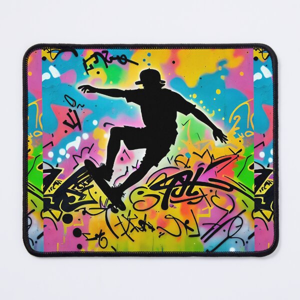 Item preview, Skateboard skater skateboarding teen silhouette against Ai graffiti background jump jumping kid child  designed and sold by cheekylorns.
