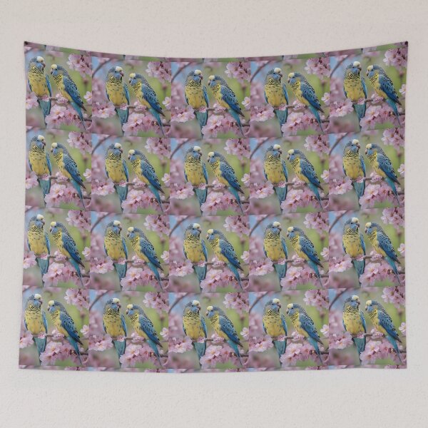 Item preview, "Spring Serenade: Blue and Yellow Budgies in Bloom" designed and sold by A-Work-Of-Art.