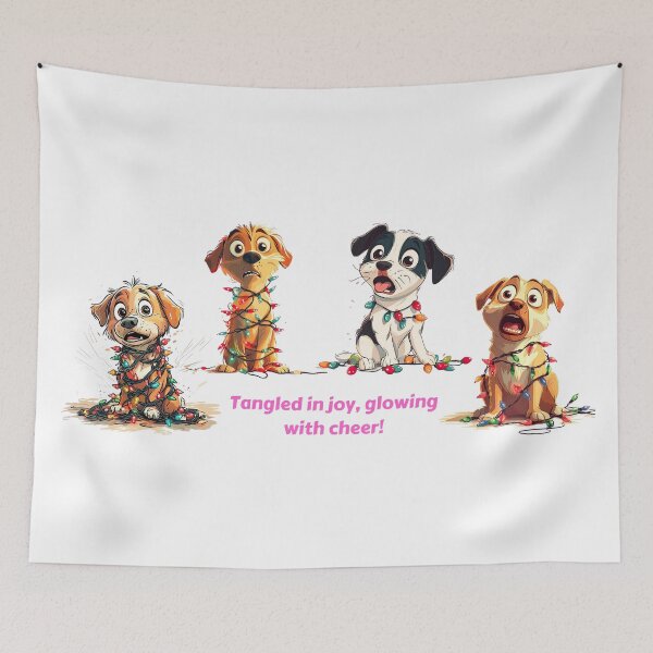 Item preview, Goofy dog tangled in colorful Christmas lights with a playful grin, Oops, I did it again. designed and sold by Jasava Shop.