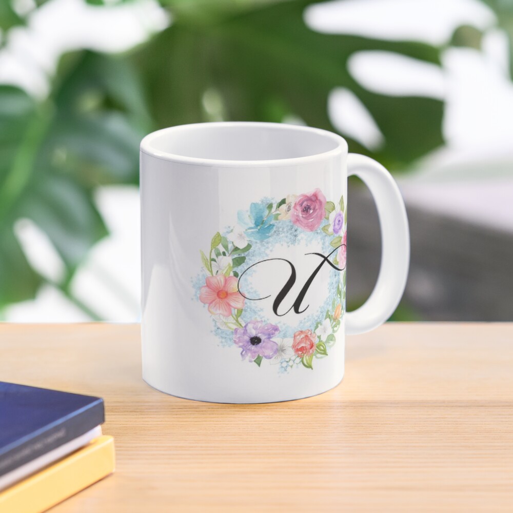 Monogram Illustrated Wreath Coffee Mug Initial Mug With Illustrated Wreath  Personalized Coffee Mug 