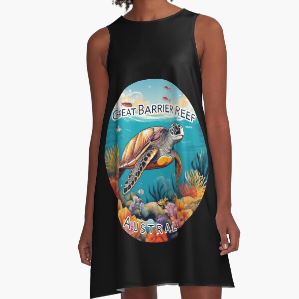 Artikel-Vorschau von Vintage Minimal Retro Reisesticker – Great Barrier Reef, Australien mit Schildkröte und Korallen, designt und verkauft von pod24.