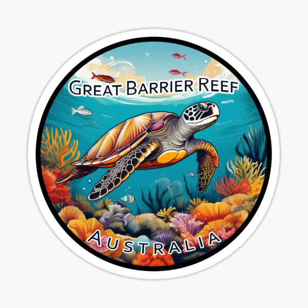Artikel-Vorschau von Vintage Minimal Retro Reisesticker – Great Barrier Reef, Australien mit Schildkröte und Korallen, designt und verkauft von pod24.