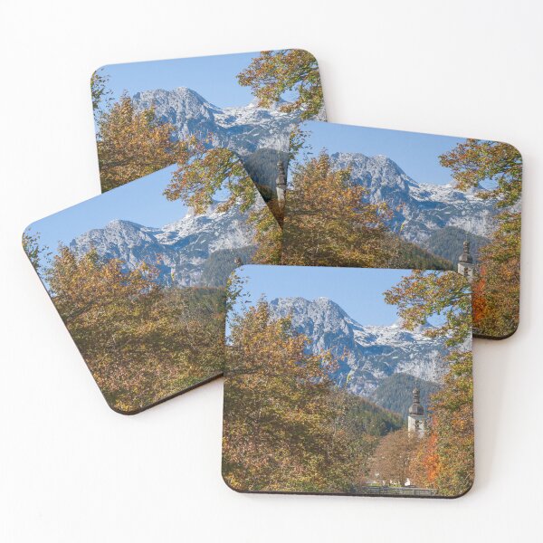 Item preview, Parish Church of St. Sebastian in autumn with the river Ramsauer Ache designed and sold by Torsten  Krüger.