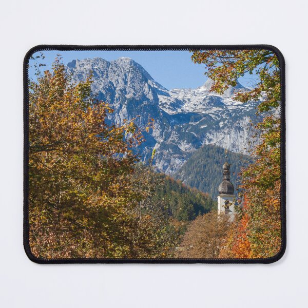 Item preview, Parish Church of St. Sebastian in autumn with the river Ramsauer Ache designed and sold by Torsten Krüger.