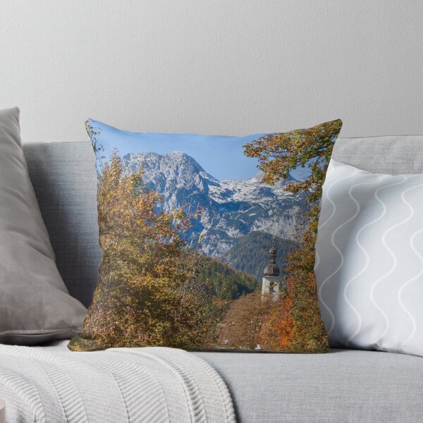 Item preview, Parish Church of St. Sebastian in autumn with the river Ramsauer Ache designed and sold by Torsten  Krüger.