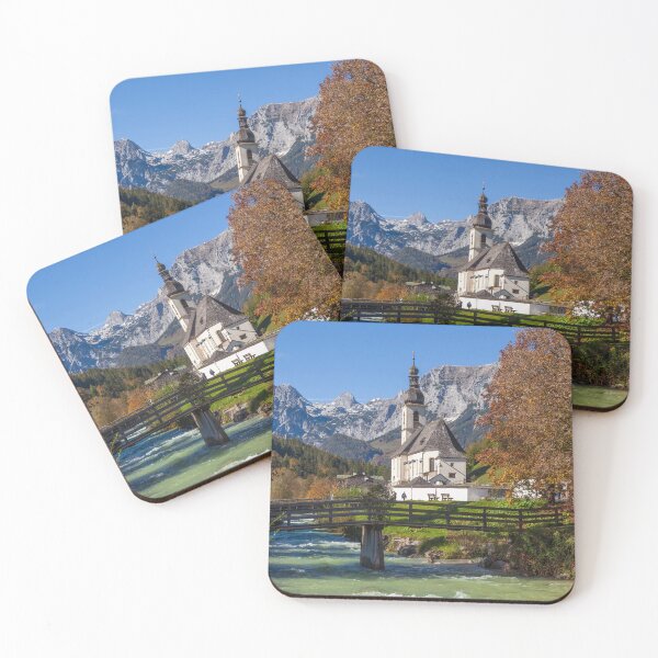 Item preview, Parish Church of St. Sebastian in autumn with the river Ramsauer Ache designed and sold by Torsten  Krüger.