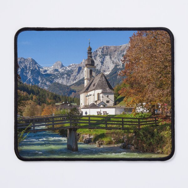 Item preview, Parish Church of St. Sebastian in autumn with the river Ramsauer Ache designed and sold by Torsten  Krüger.
