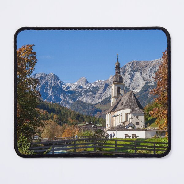 Item preview, Parish Church of St. Sebastian in autumn with the river Ramsauer Ache designed and sold by Torsten  Krüger.