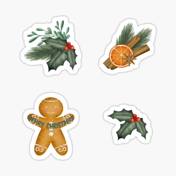 Artikel-Vorschau von Weihnachts-Stickerpaket mit Stechpalmen- und Zimtelementen, designt und verkauft von GingerCoolArt.