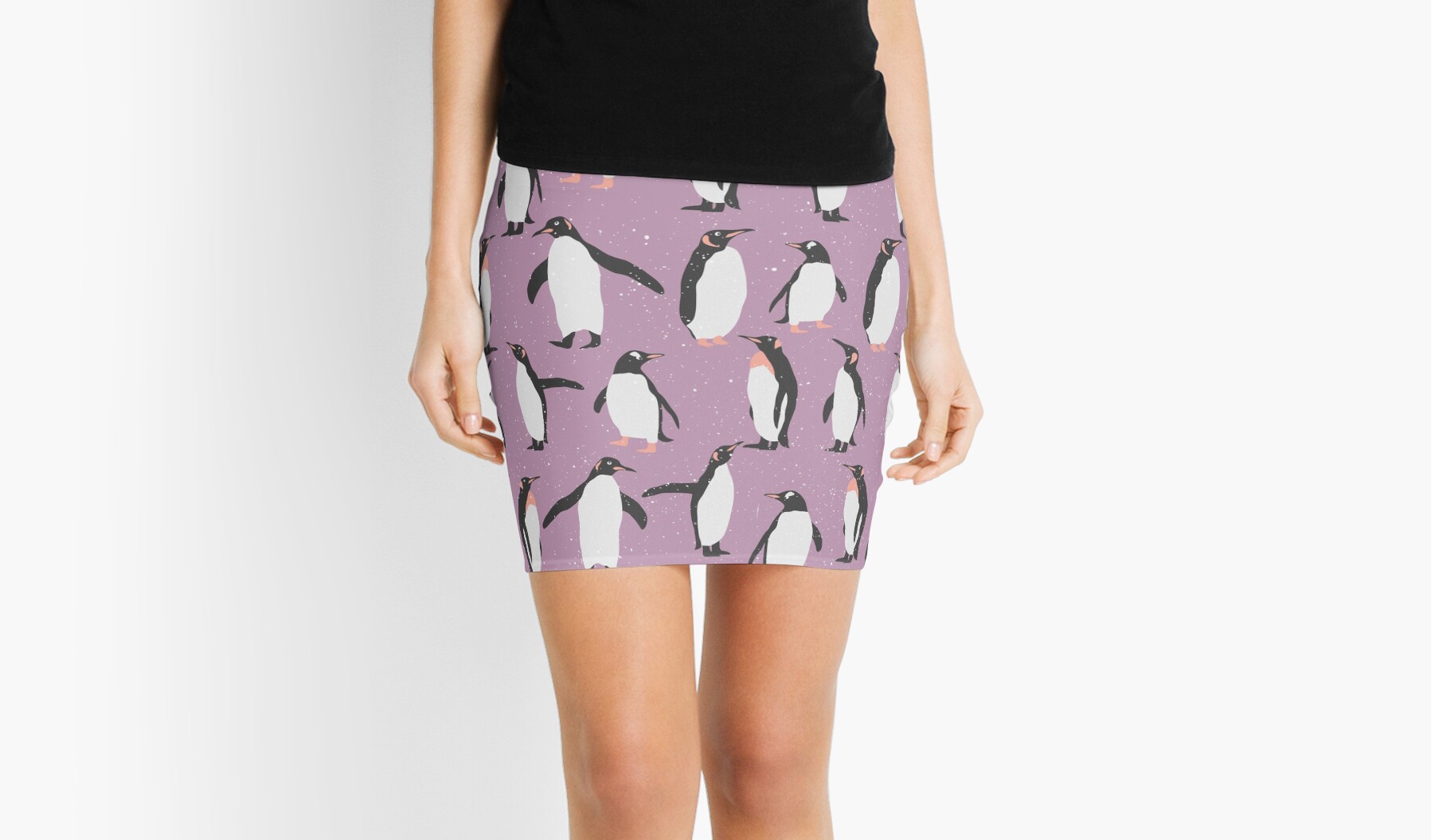 "Happy Penguins and Snow on a purple background" Mini Skirt by