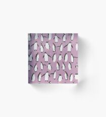 Happy Penguins and Snow on a purple background Acrylic Block