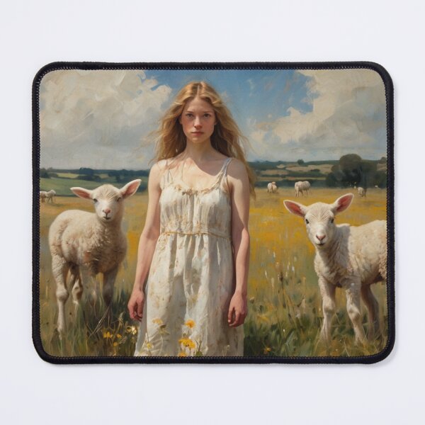 Item preview, A Beautiful Girl surrounded by Lambs standing in a field after Bougereau designed and sold by Vintage Designs +.