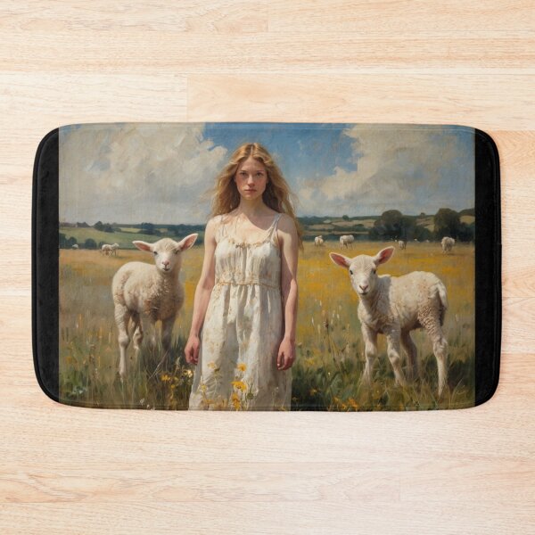 Item preview, A Beautiful Girl surrounded by Lambs standing in a field after Bougereau designed and sold by Vintage Designs +.
