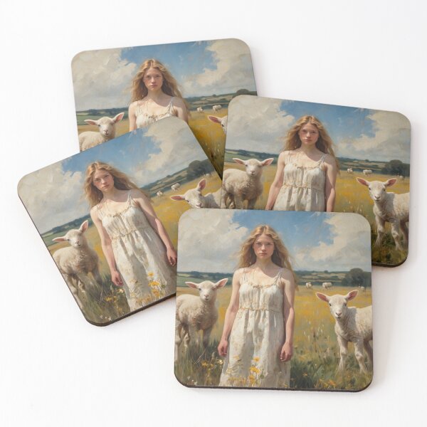 Item preview, A Beautiful Girl surrounded by Lambs standing in a field after Bougereau designed and sold by Vintage Designs +.
