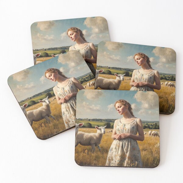 Item preview, A Beautiful Girl surrounded by Lambs standing in a field after Bougereau designed and sold by Vintage Designs +.