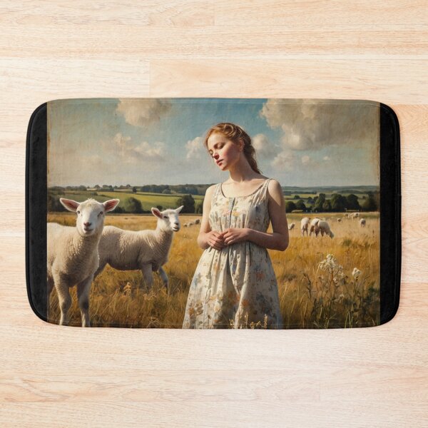 Item preview, A Beautiful Girl surrounded by Lambs standing in a field after Bougereau designed and sold by Vintage Designs +.