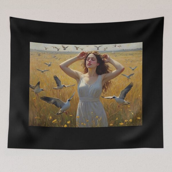 Item preview, A Beautiful Girl surrounded by birds standing in a field after Bougereau designed and sold by Vintage Designs +.