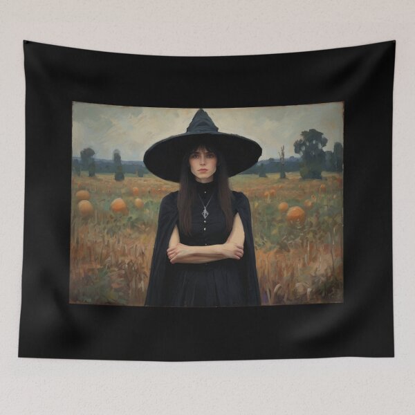 Item preview, A witch standing in a pumpkin field vintage art after Bougereau designed and sold by Vintage Designs +.