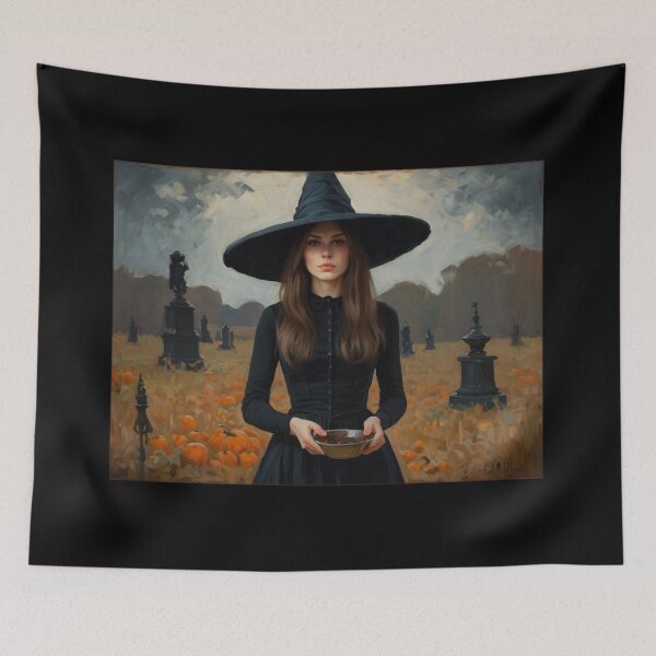 Item preview, A witch standing in a pumpkin field vintage art after Bougereau designed and sold by Vintage Designs +.