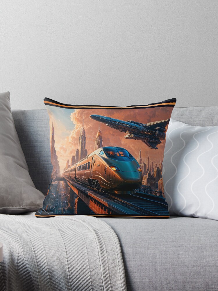Retro-Futuristic Delketor Metropolis Train And Spaceship Scene Breathtaking AI Concept Art by Xzendor7 Decorative Art Print Throw Pillow