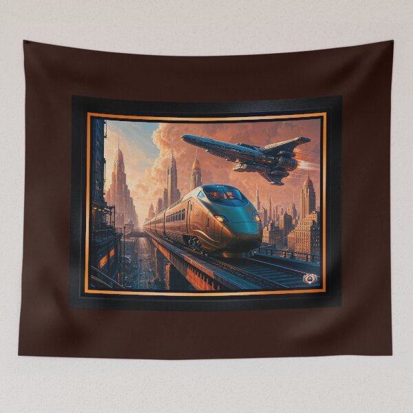 Item preview, Retro-Futuristic Delketor Metropolis Train And Spaceship Scene Breathtaking AI Concept Art by Xzendor7 designed and sold by Xzendor7 Digital Art Creations.