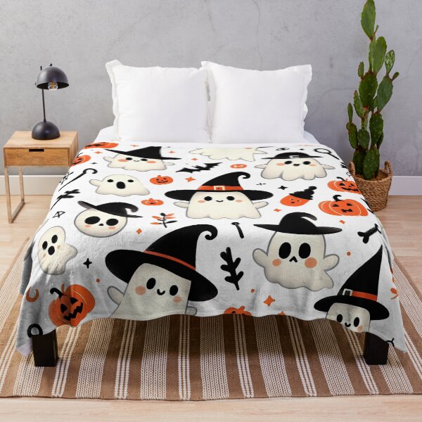 Item preview, Cute Halloween ghost pattern featuring friendly ghosts wearing witch hats, pumpkins, and spooky Halloween elements designed and sold by HeeShirt.