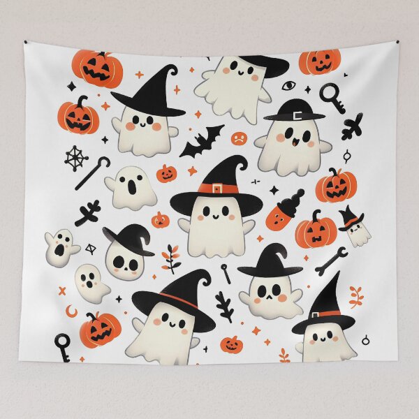 Item preview, Cute Halloween ghost pattern featuring friendly ghosts wearing witch hats, pumpkins, and spooky Halloween elements designed and sold by HeeShirt.