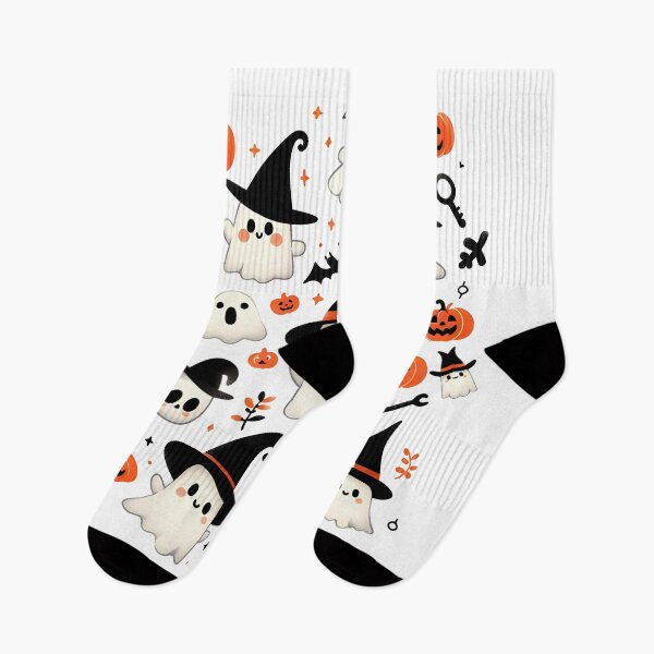Item preview, Cute Halloween ghost pattern featuring friendly ghosts wearing witch hats, pumpkins, and spooky Halloween elements designed and sold by HeeShirt.