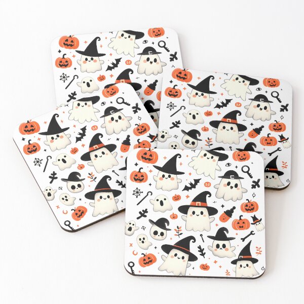 Item preview, Cute Halloween ghost pattern featuring friendly ghosts wearing witch hats, pumpkins, and spooky Halloween elements designed and sold by HeeShirt.