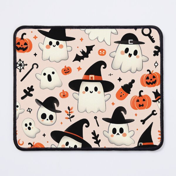 Artikelvorschau, Niedliches Halloween-Geistermuster mit freundlichen Geistern mit Hexenhüten, Kürbissen und gruseligen Halloween-Elementen entworfen und verkauft von HeeShirt.