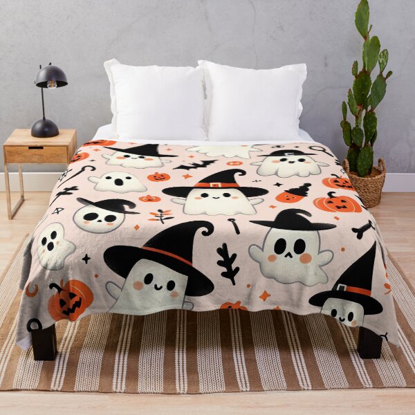 Item preview, Cute Halloween ghost pattern featuring friendly ghosts wearing witch hats, pumpkins, and spooky Halloween elements designed and sold by HeeShirt.